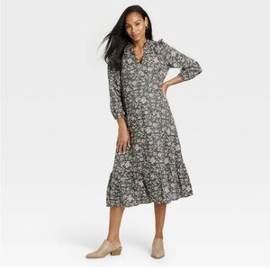 The Nines by Hatch Olive Floral Green Pink Midi Dress Maternity Boho M